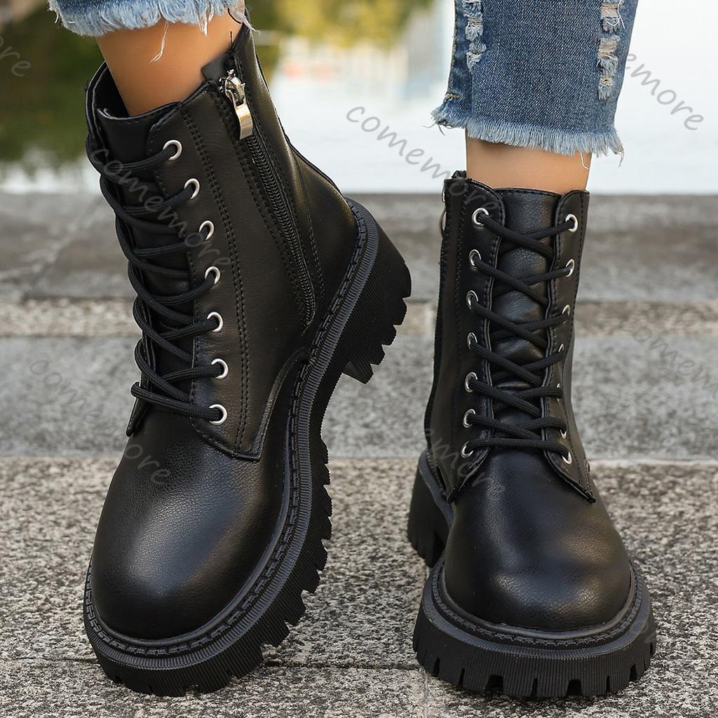 Fashion Comemore Shoes for Woman Bottom Lace-up Leather Ankle Boots Autumn Fashion Women Shoes Lace Up Leather Heeled Bottines Femmes