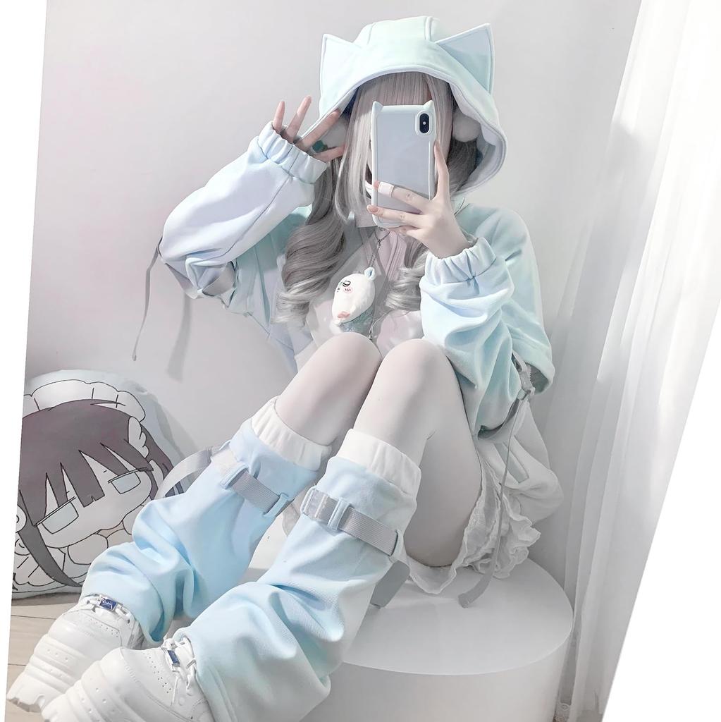 Light Blue Cat Ear Hoodie Landmine Leg Removable Long Short Y2K Sickly Loose Light XL [XHSUKADO] 2-Piece Set, Punk, Subculture, Angel, Style, Women's,