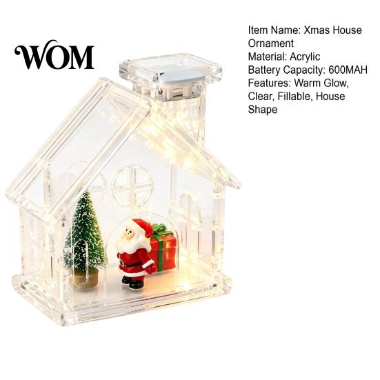 Rechargeable LED Decoration Clear Acrylic House Ornament, DIY Fillable Christmas with Light, Lighted Table Centerpiece for Festive Party Mantel Decor