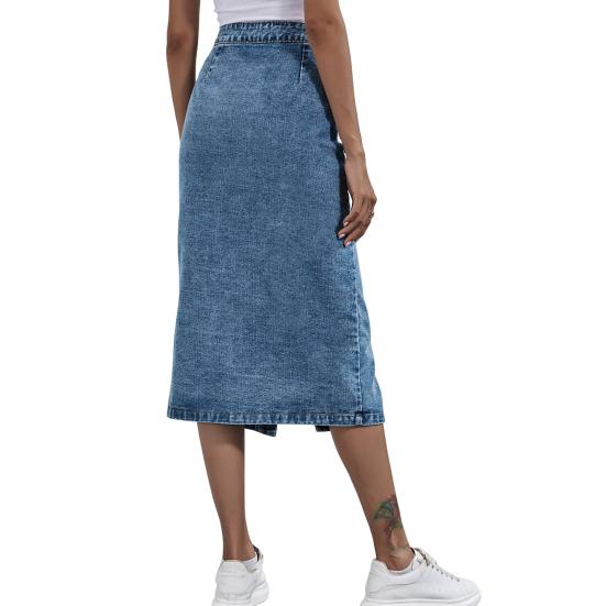 Юбка-карандаш с запахом на бедрах, однобортная, наклонные карманы, разрез спереди, модная высокая