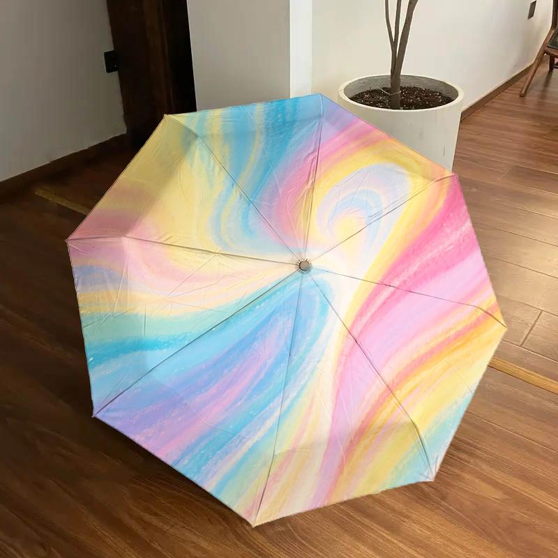 Rainbow Swirl Automatic Opening Folding Umbrella Portable 3 Fold Design with Iron Frame for Outdoor Use,Perfect Gift for Fans,Travelers,