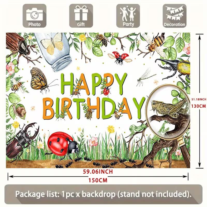 2D Bug Adventure Happy Birthday Backdrop, Kids Nature Party Banner, Photography Background