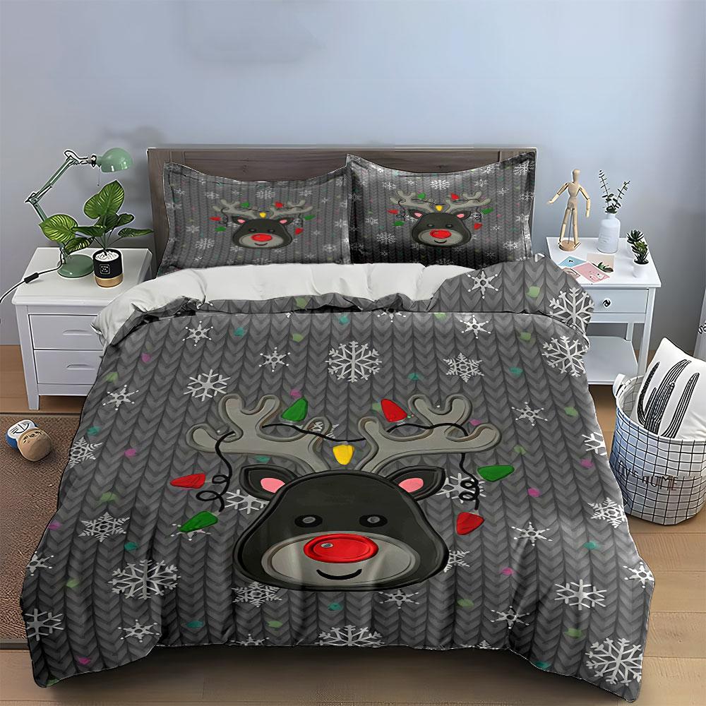 Reindeer with Lights Pattern Bedding Duvet Cover Set Duvet Cover Pillowcases (1*Duvet Cover 2*Pillowcases, without duvet insert)