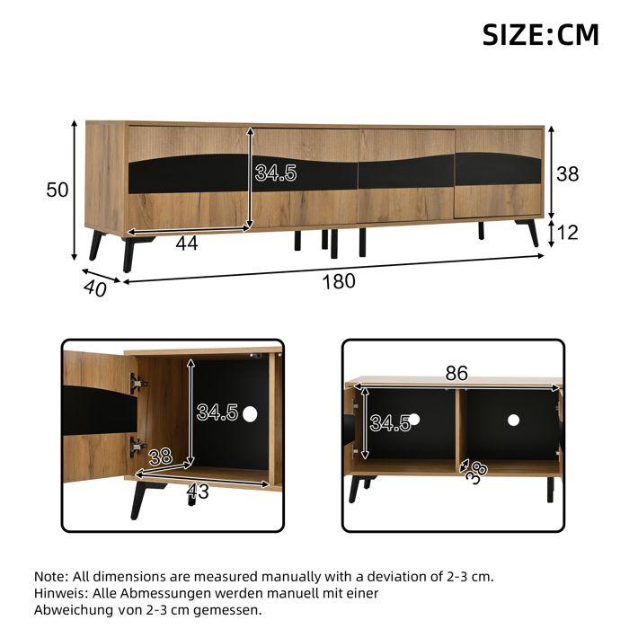 Meuble TV - LEMONBEST - Meuble TV de salon moderne - 180x40x50 cm - 4 portes - Bois & noir