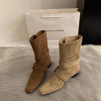 2025 Корейские Винтажные Замшевые Ботильоны во Французском Стиле, Маленький Квадратный Носок, Ботинки Вестерн Женские до Середины Икры.