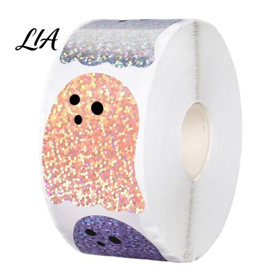 Party Favor Labels Halloween Glitter Ghost Stickers Roll, Self-adhesive Decorative Labels, Colorful Paper for Crafts Sparkly Decals DIY Crafting