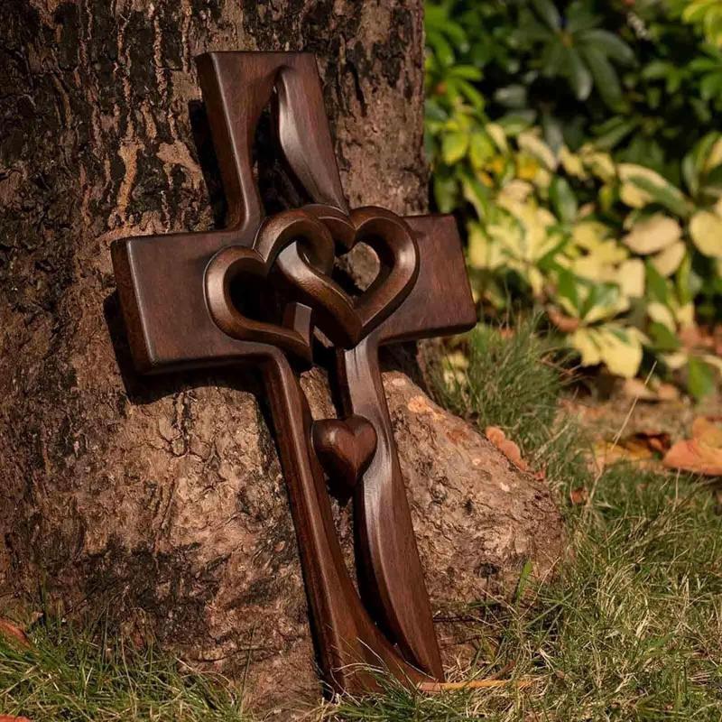Hand Carved Wooden Wall Cross Double Intertwined Hearts Rustic Decor for Entryway Anniversary Gift