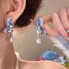 Серьги-бабочки с градиентным синим кристаллом, иглами из серебра 925 пробы и жемчугом — элегантный дизайн для женщин