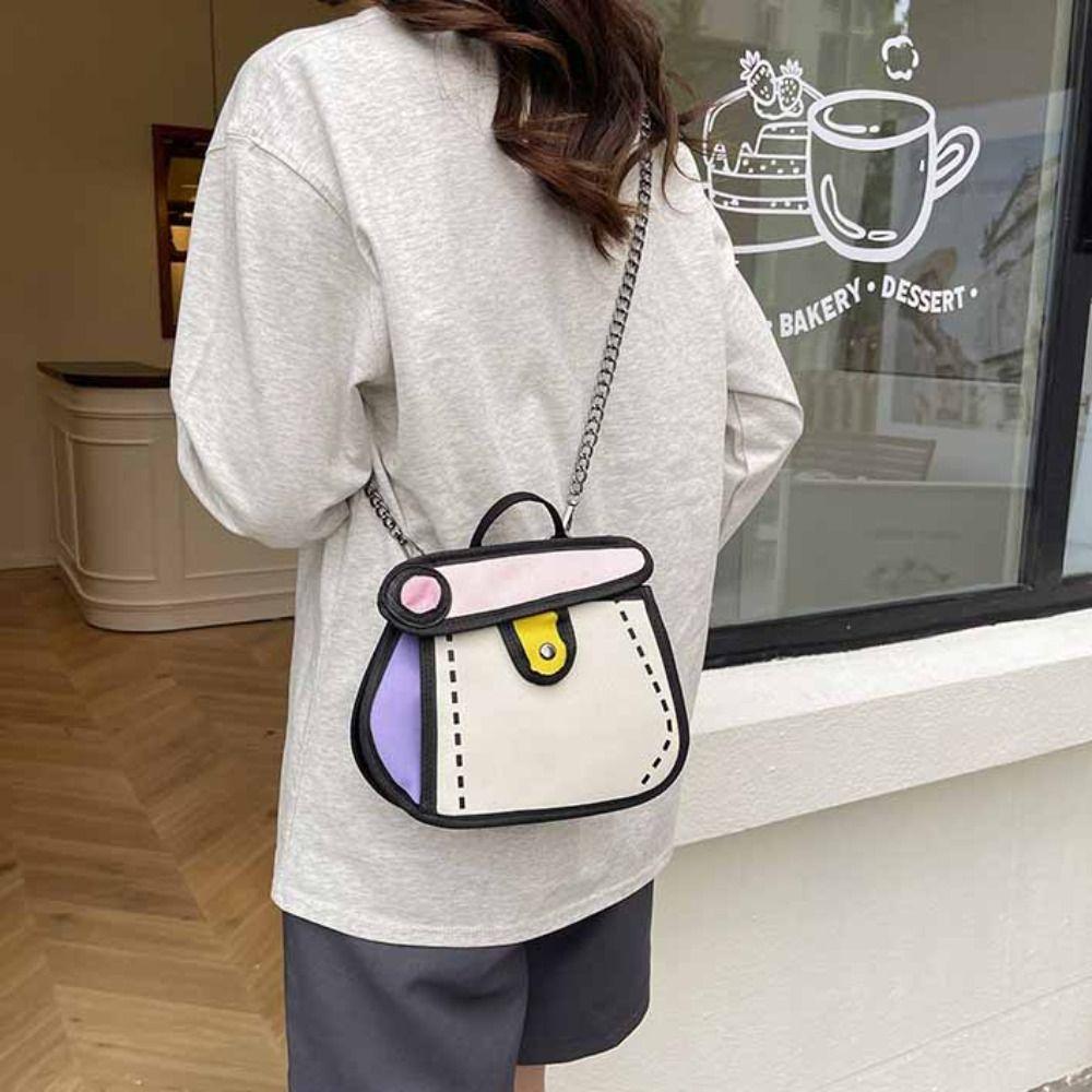 Cartoon Chain Shoulder Bag Canvas Line Painting Messenger Bag Comic Crossbody Bag Students