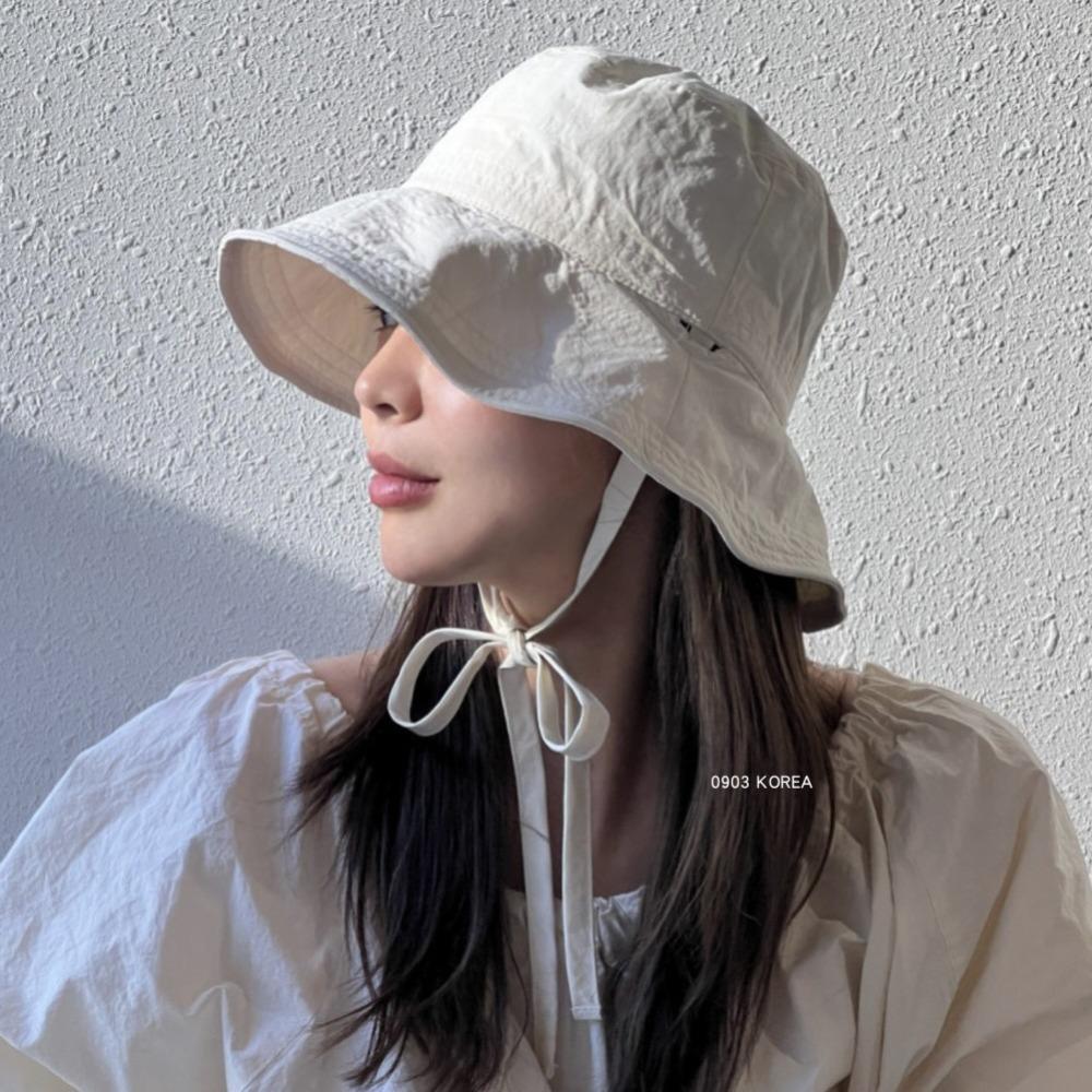 Ins Windbreak Rope Fisherman Hat Thin Solid Color Sunscreen Hat Lace-up Tie Bucket Cap Summer