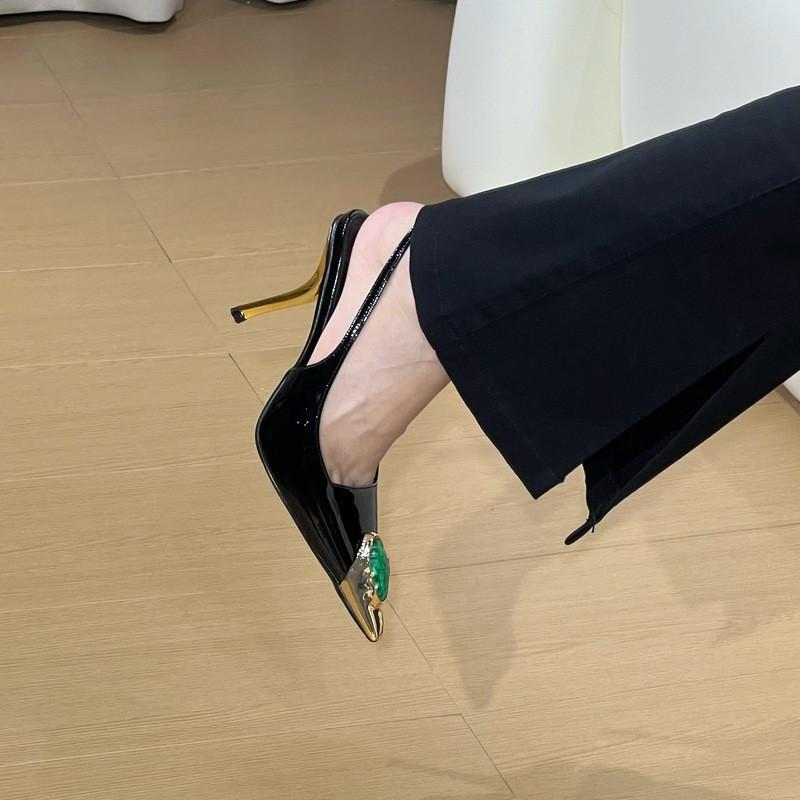 Туфли на высоком каблуке в стиле ретро с металлическим заостренным кончиком, весна-осень 2024 г., новые, тонкий каблук, лакированная кожа, легкие сандалии с пустым ртом, женские