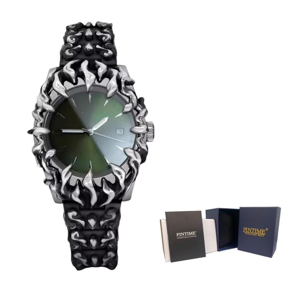 Gold Claw Quartz Watch Unique Hollow Stainless Steel Bracelet Wristwatch Hip Hop Streetwear Calendar Relogio Masculino