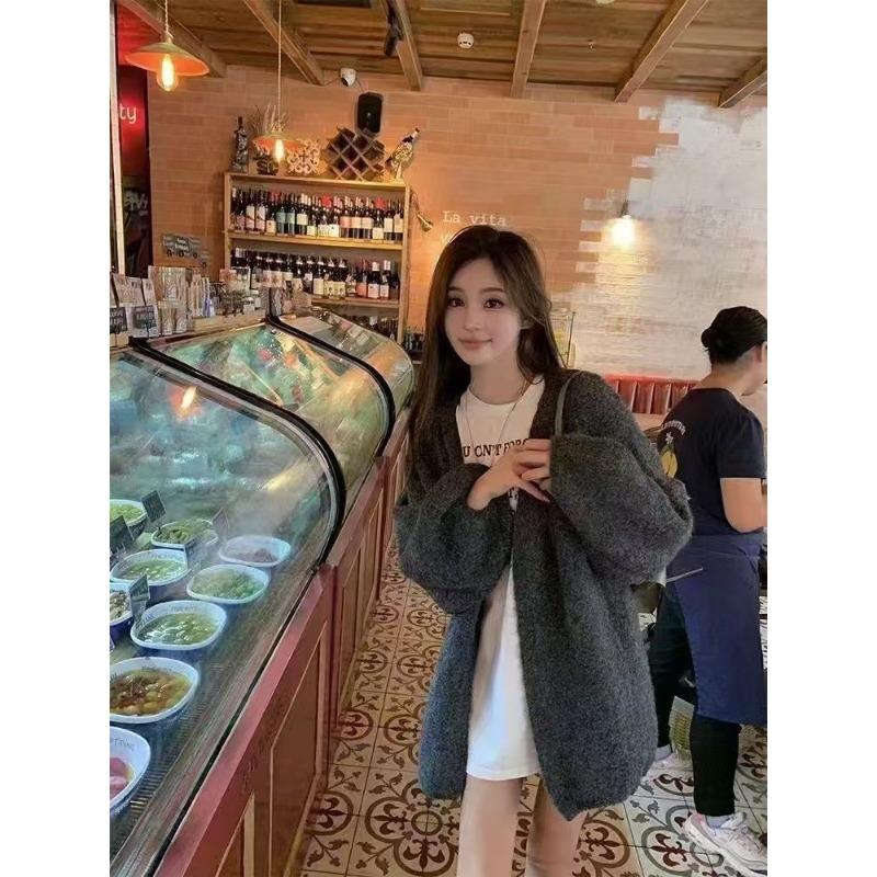 Корейский большой ленивый стиль кофейного цвета свитер вязаный свободный кардиган женская осенне-зимняя верхняя одежда тонкое пальто