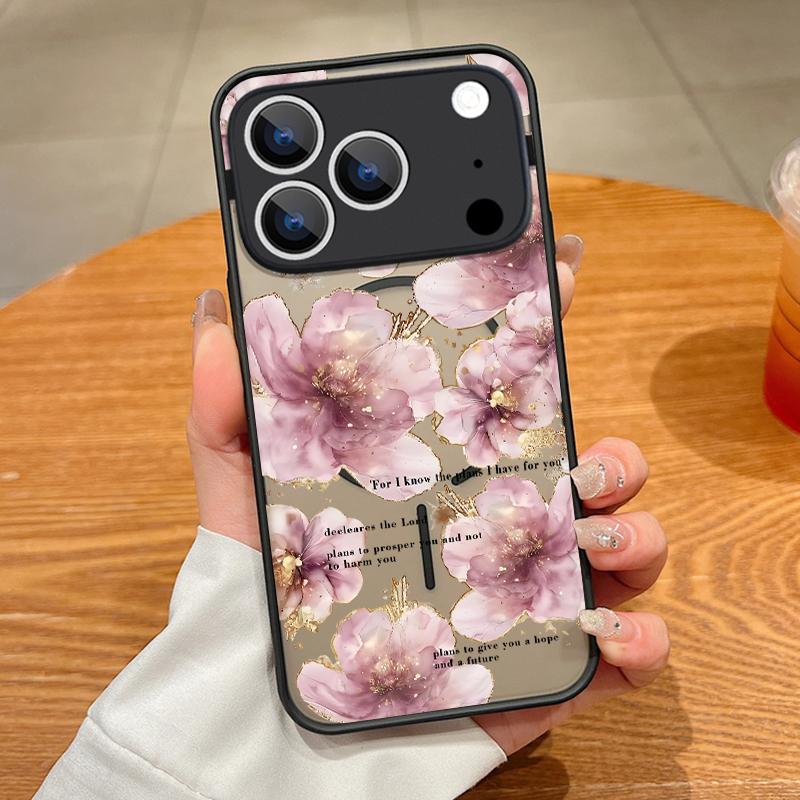 Translucent Matte Magnetic Case For iPhone 17 16 15 Pro 14 13 Pro Max 16e 17e For Magsafe Floral Pattern Hard PC Phone Cover