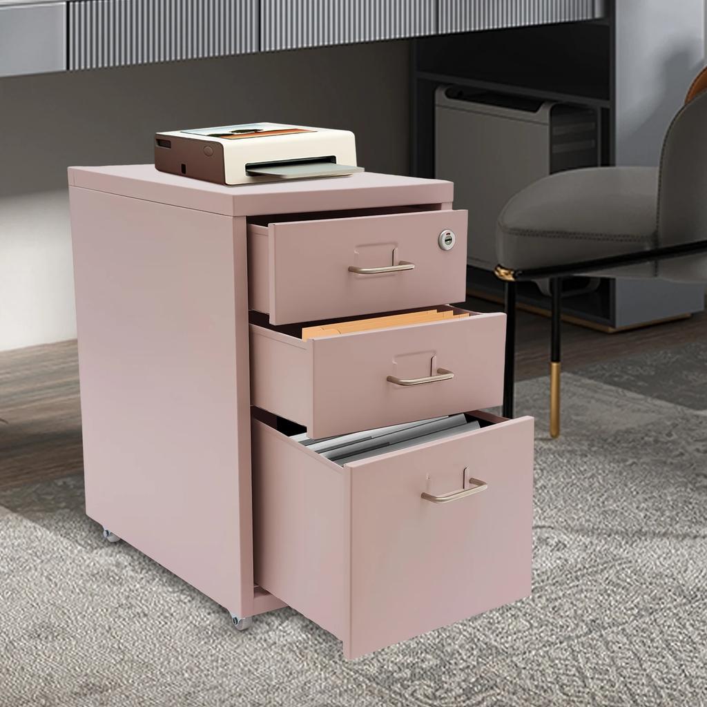 3 Drawer Vertical File Cabinet, Metal Filing Cabinets with Lock, Pink for Home Office, Heavy Duty Metal Storage Cabinet
