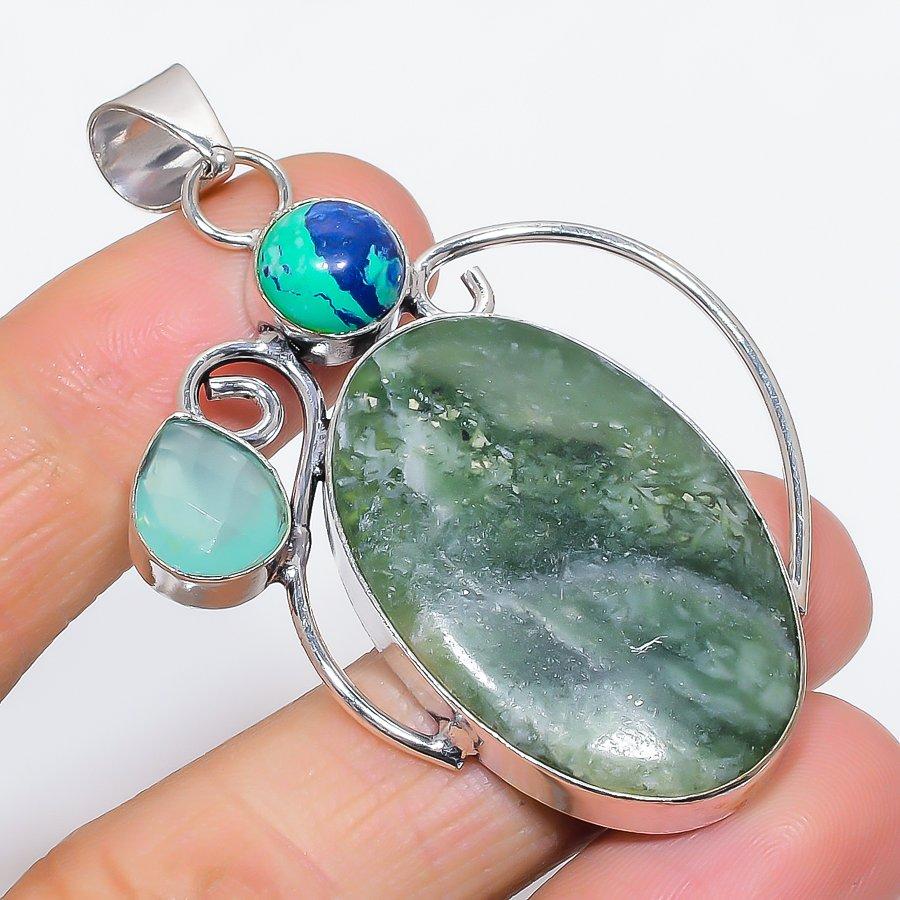 Подвеска из серебра 925 пробы с натуральным нефритом и халцедоном 2,60 дюйма P5e75