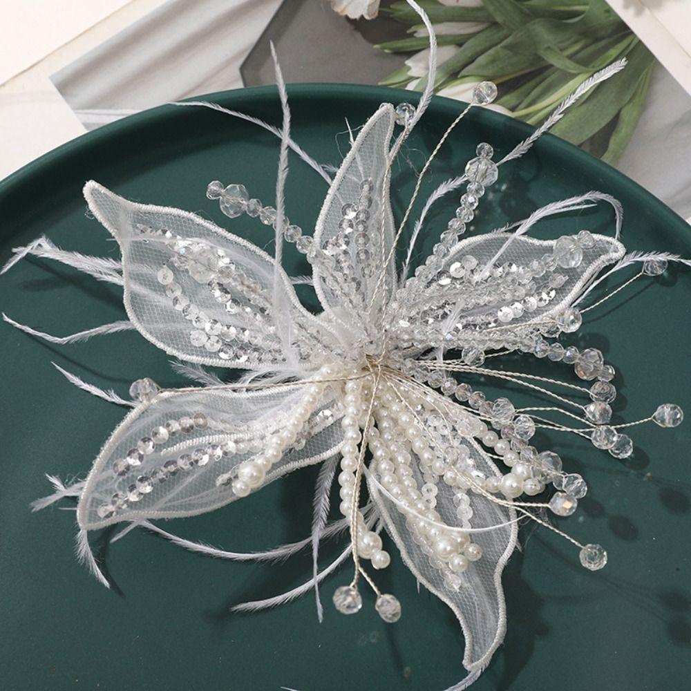 Ethereal Feather Pearl 3D Organza Flower Patch Crystal Flower Twisted Wire Studded Patch Handmade Lace Applique Decorative Dress