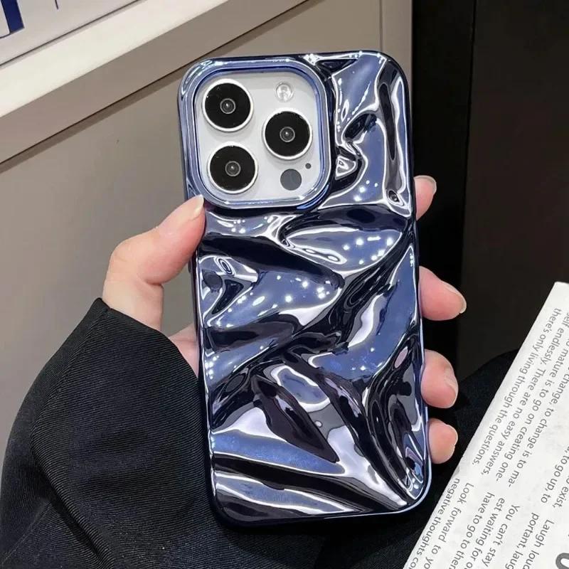 Electroplate Silvery 3D Wrinkle Phone Case For For Iphone 17 16 15 14 13 11 12 17 Pro Max Air Water Ripple Shockproof Cover