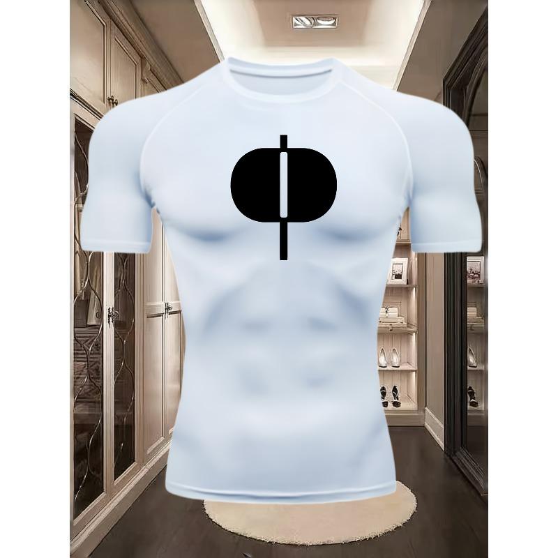 Mens Navy Blue Compression Short Sleeve T-Shirt White Geometric Symbol Graphic Quick Dry Breathable High Elasticity Gym And Running Athletic Top