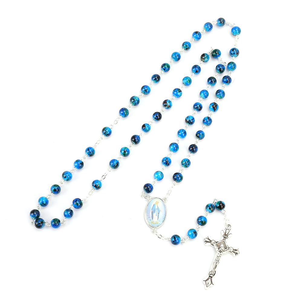 Католические четки маленького размера, круглые синие стеклянные бусины, ожерелье с изображением Девы Марии и Иисуса