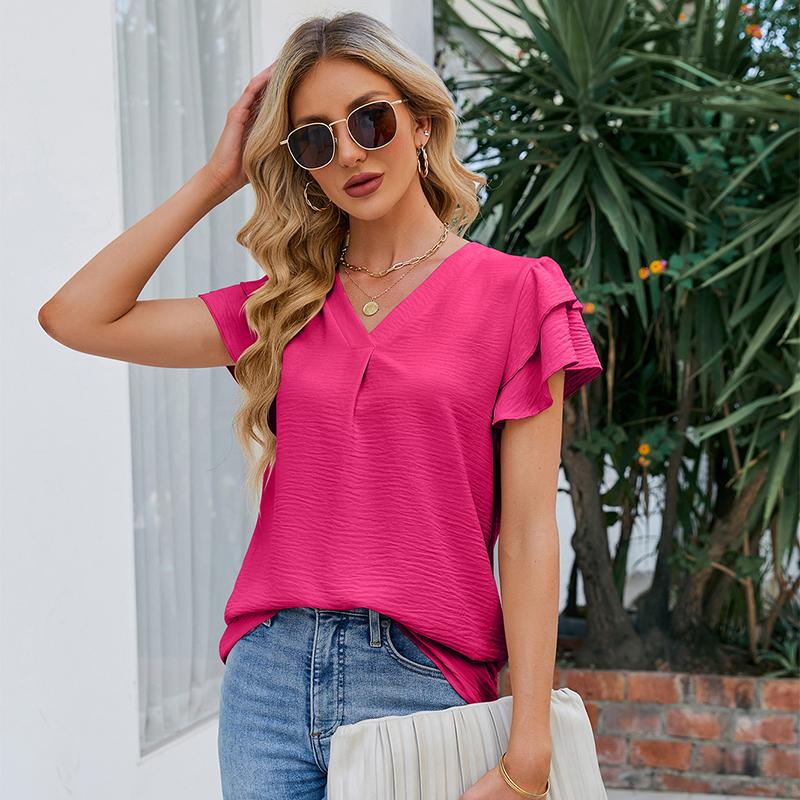 Женская шифоновая блузка, повседневные летние топы с v-образным вырезом и короткими рукавами с оборками и краями