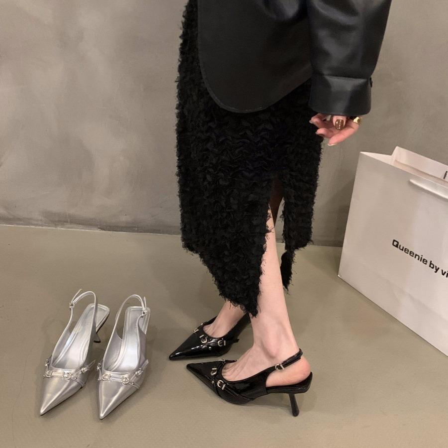 Французские босоножки-мешки черного цвета на шпильках, новинка весны и лета 2024 года, серебристые одинарные туфли с острыми каблуками