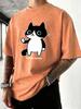 Refuse Anxiety Cartoon Cats Printed Washed T Shirt Men Summer Vacation Tops Trendy ONeck Short Sleeve Soft Cotton Casual Top