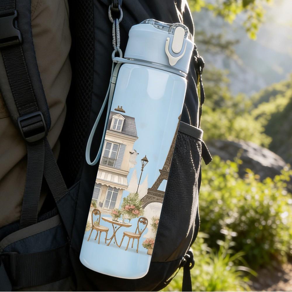 1PC Paris Street Building Landscape 750ml Color Plastic Sports Water Bottle Leakproof Flip Straw Lid For Sports Office Home Use