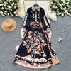 Spring Summer Women Designer Vintage Print Runway Dresses Turn-down Collar Long Maxi Shirt Party Dress with Belt