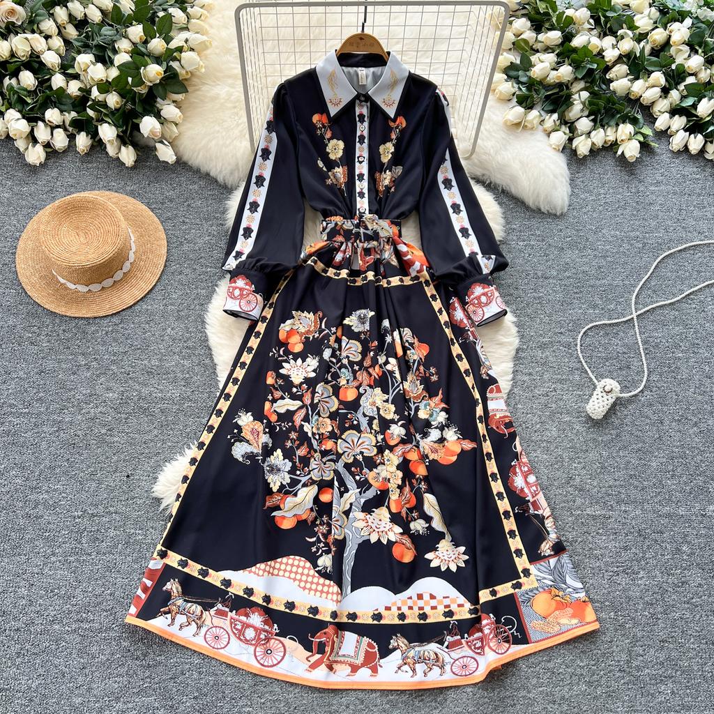 Весна-лето Женские дизайнерские винтажные принты Подиумные платья с отложным воротником Длинное макси-платье-рубашка с поясом