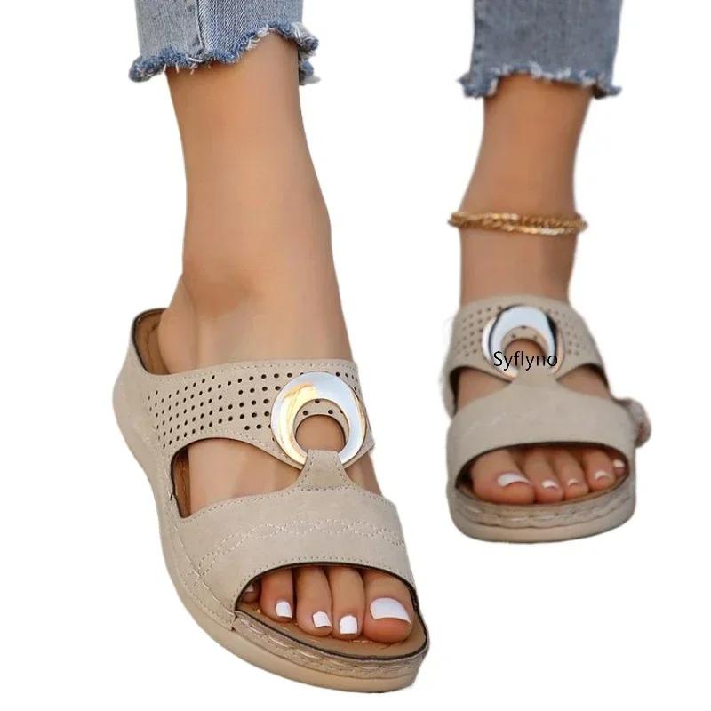 Модные сандалии женские пляжные тапочки на покатом каблуке полая подошва повседневные тапочки туфли на покатом каблуке ретро тапочки размер 35-44