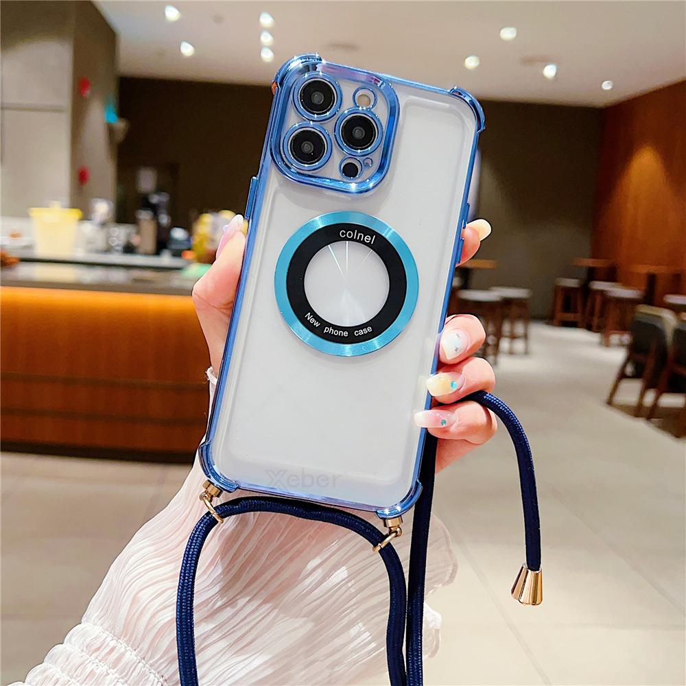 Роскошное покрытие, прозрачное ожерелье через плечо, магнитный ремешок для чехла Magsafe для iPhone 14 Pro Max 13 12 11 Plus, защитный чехол для подушки безопасности