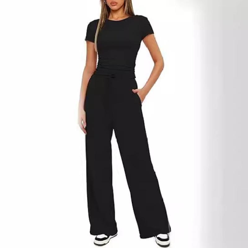 Women's Set Summer Short-sleeved Pleated Top Casual Sweatpants