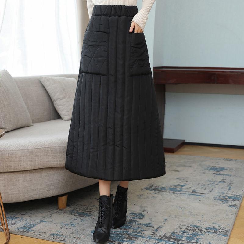 Winter and Autumn New Thickened Warm Cotton Elastic High Waist Slim Pocket Skirts Black