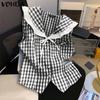 Summer Women Doll Collar Sleeveless Ruffled Buttons Plaid Print Casual Tank Tops