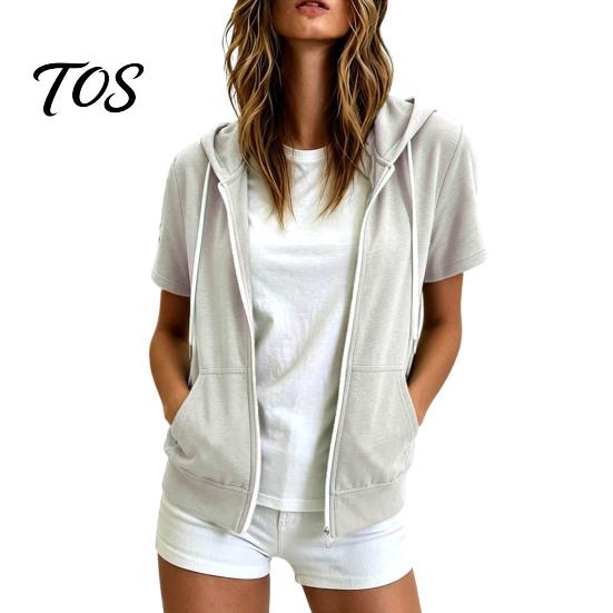 Casual Hooded Jacket Women Short Sleeve Zip-Up Hoodie, Drawstring Sweatshirt Coat for Summer, Lightweight with Pockets Hoodie