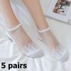 5 Pairs Women Ruffle Ankle Socks Soft Comfy Ultra-thin Sheer Silk Transparent Invisible Mesh Knitted Short Socks for Women