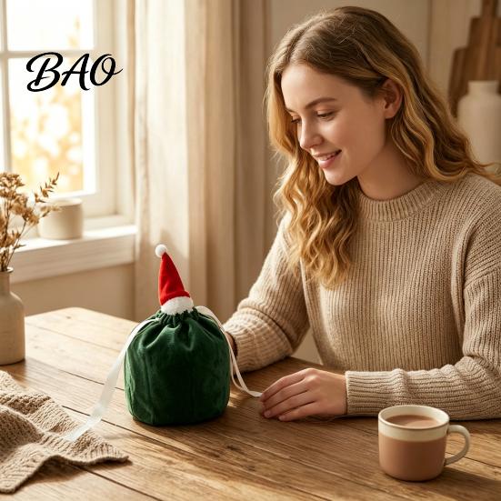 Fabric Drawstring Bags for Gifts Christmas Gift with Santa Hat, Reusable Velvet Xmas Goodie Sacks, Festive Candy Apple Treat Pouch Eve Giving,