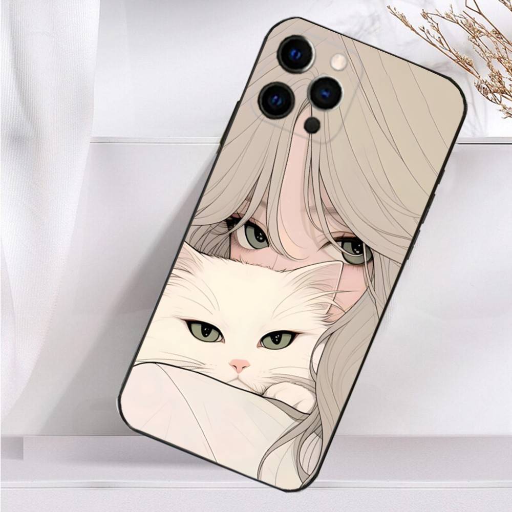 Beauty Girl Cartoon Pink Case For iPhone 16,15,17,14,13,12,11 Plus,Pro Max,XS,X,XR,SE,Mini,8,7 Soft Silicone Black Cover