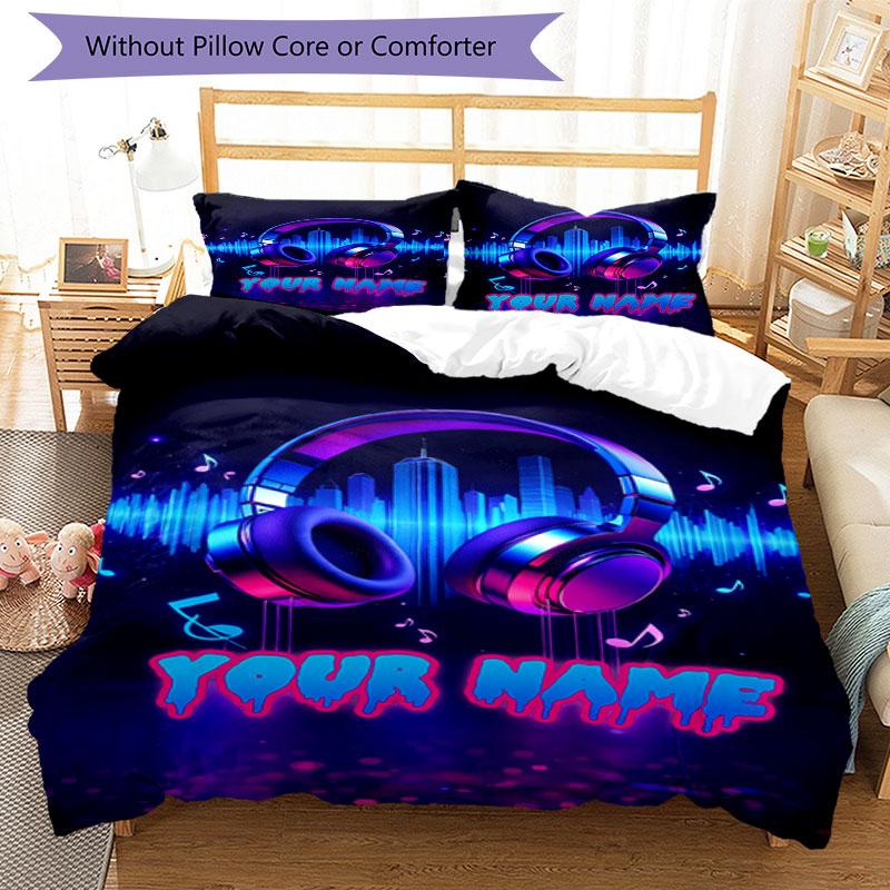 3pcs Custom Name Music Vibes Neon Beats Bedding Set Printed Bedding Set Duvet Cover Closure Includes 1 Duvet Cover & 2 Pillowcases Bedroom Decor