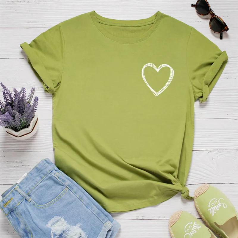 Женская футболка с карманом и принтом сердечка, с коротким рукавом, с круглым вырезом, свободная, женская футболка, женская футболка, топы, одежда, camisetas mujer