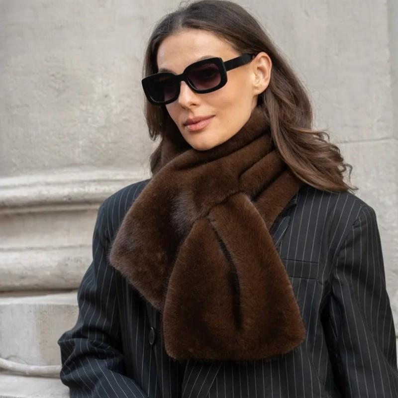 Womens Faux Mink Fur Scarf With Thickened Cotton Lining Warm Brown Neck Wrap Street Style Winter Accessory