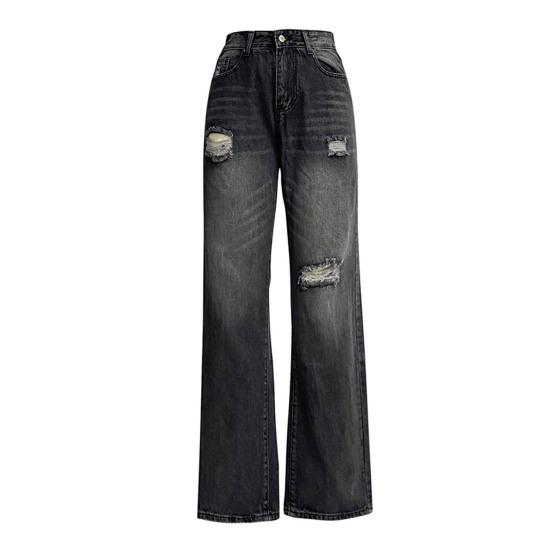 Женские джинсы с карманами, высокая талия, рваные, однотонные, длинные брюки, прямые, широкие брюки для ежедневных поездок на работу