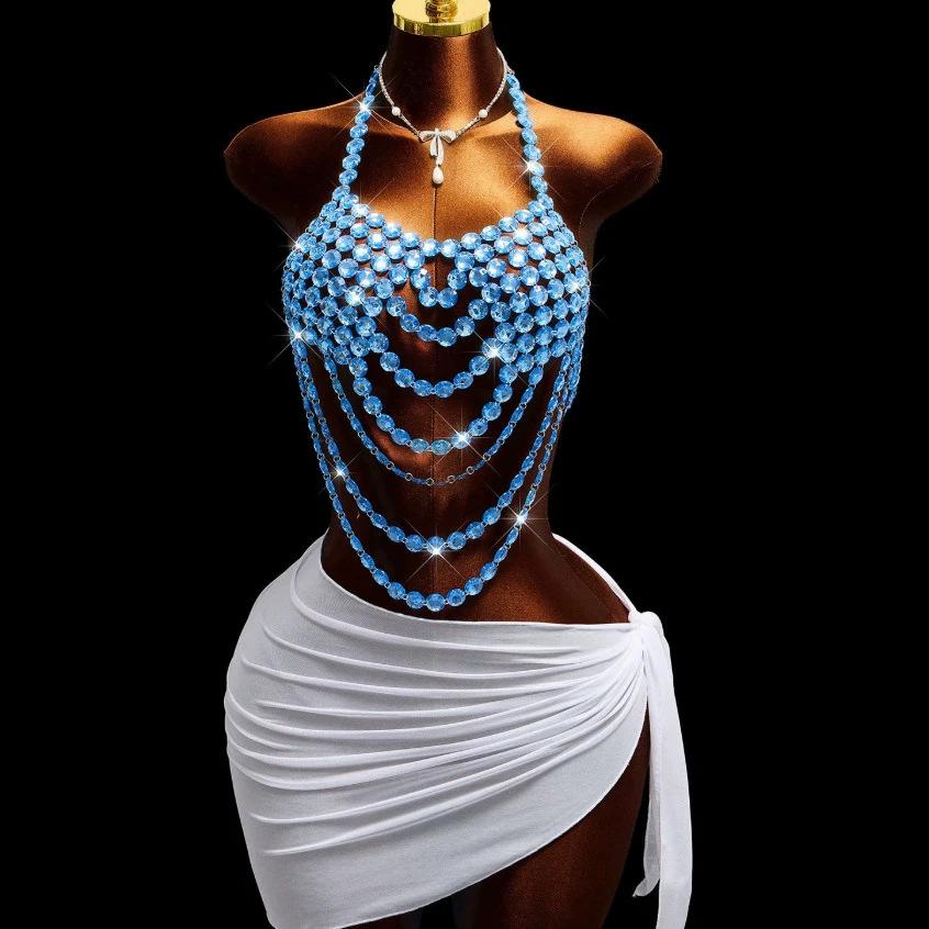 Hot Sale Pearl-style Strap Resort Style Summer Beach Fashionable Beads Chain Beaded Body Chain Purple Top Vest