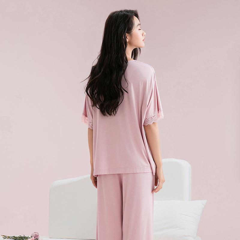 Fenteng [Smooth Blended] Spring thin lace V-neck elastic women's home suit set