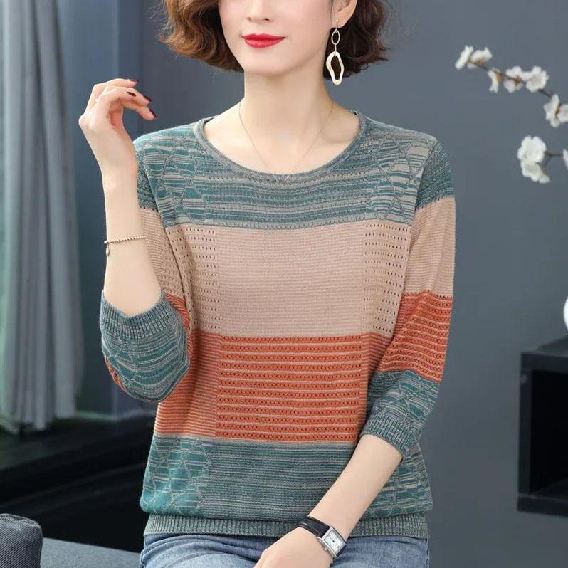 Striped Sweater Knitted Pullover Thin Round Neck Long Sleeves Women's Top Casual Undershirt Commute Spring Autumn