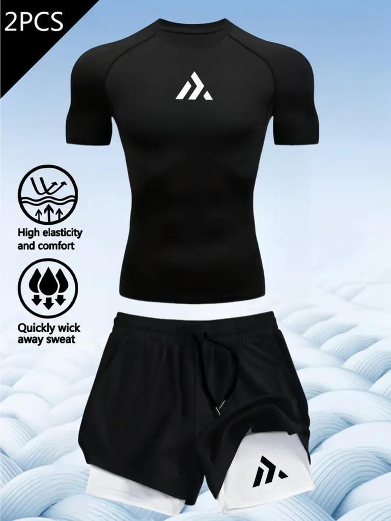 2D printed T-shirt men's summer two-piece sportswear running T-shirt elastic quick-drying sports top sports fitness shirt men's