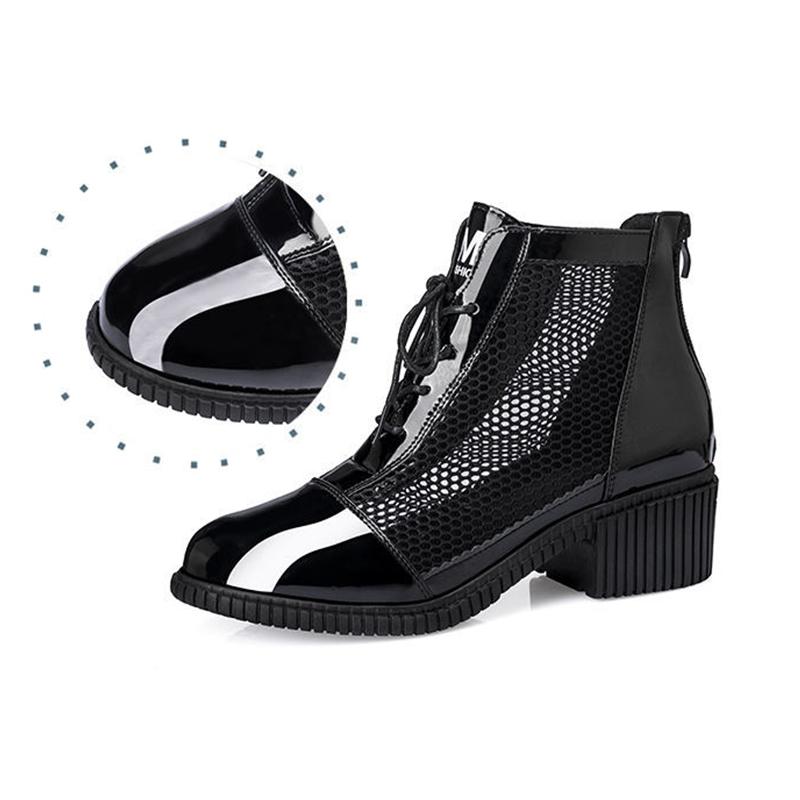 Черные сетчатые ботинки, женские ботинки на квадратном каблуке, кружевная молния сзади, искусственная кожа, мягкая кожа, новая мода, весна-осень
