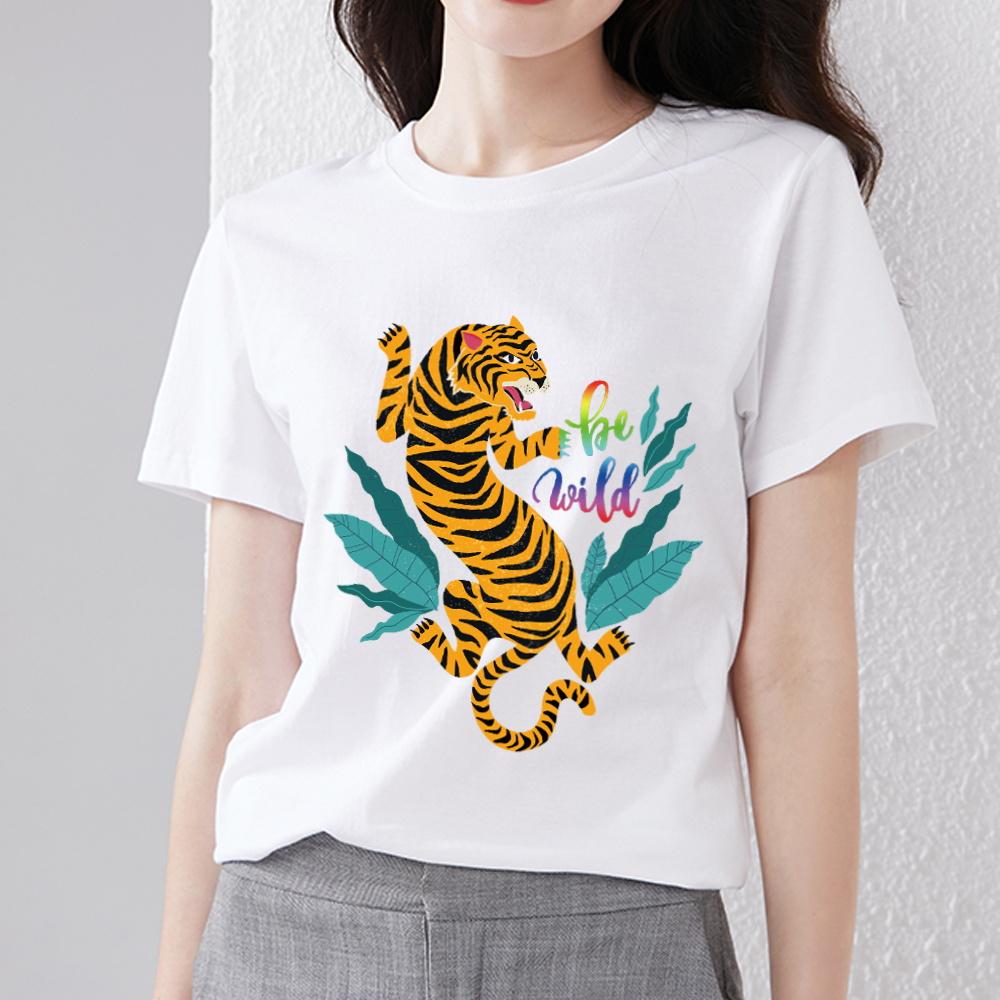 Классическая футболка Street Trend, тонкий женский универсальный универсальный топ с тигровым леопардовым принтом, повседневный удобный дышащий топ с короткими рукавами и круглым вырезом