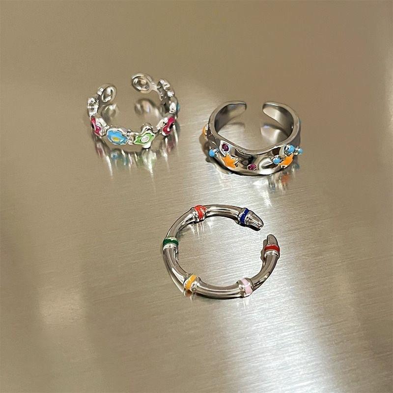 Vintage Colorful Flower Star Ring Set 3Pcs Dripping Oil Adjustable Opening Finger Rings For Women Party Fashion Jewelry